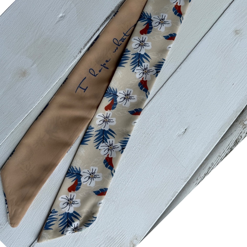 Floral Reversible Twilly Scarf Tan Blue Red Inspirational Quote 32 Inch